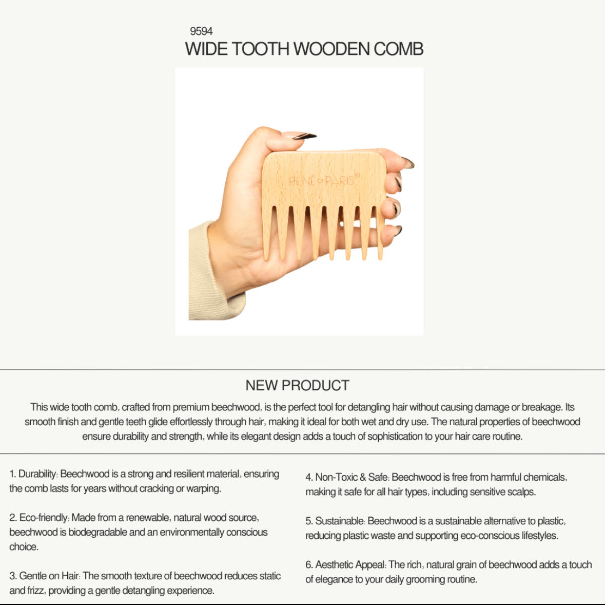 Wide Tooth Comb by Rene of Paris | Prevents Static and Frizz